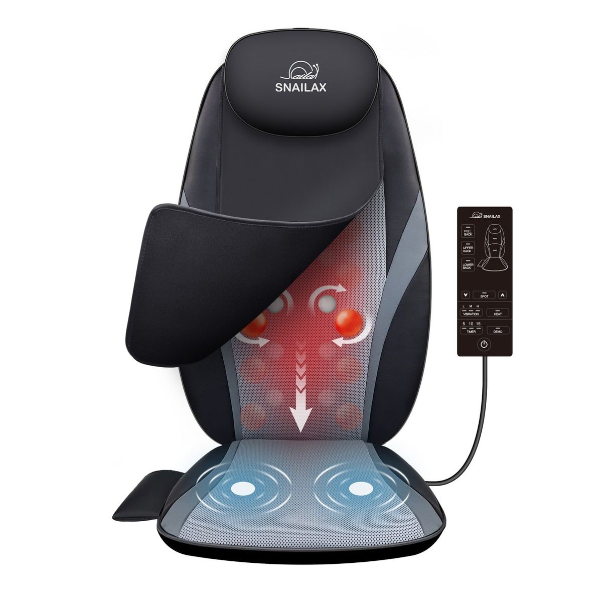A black Snailax SL-256 shiatsu massage cushion with a tall backrest, glowing red kneading rollers down the back, a folded fabric flap over the left shoulder area and a corded remote on a white background