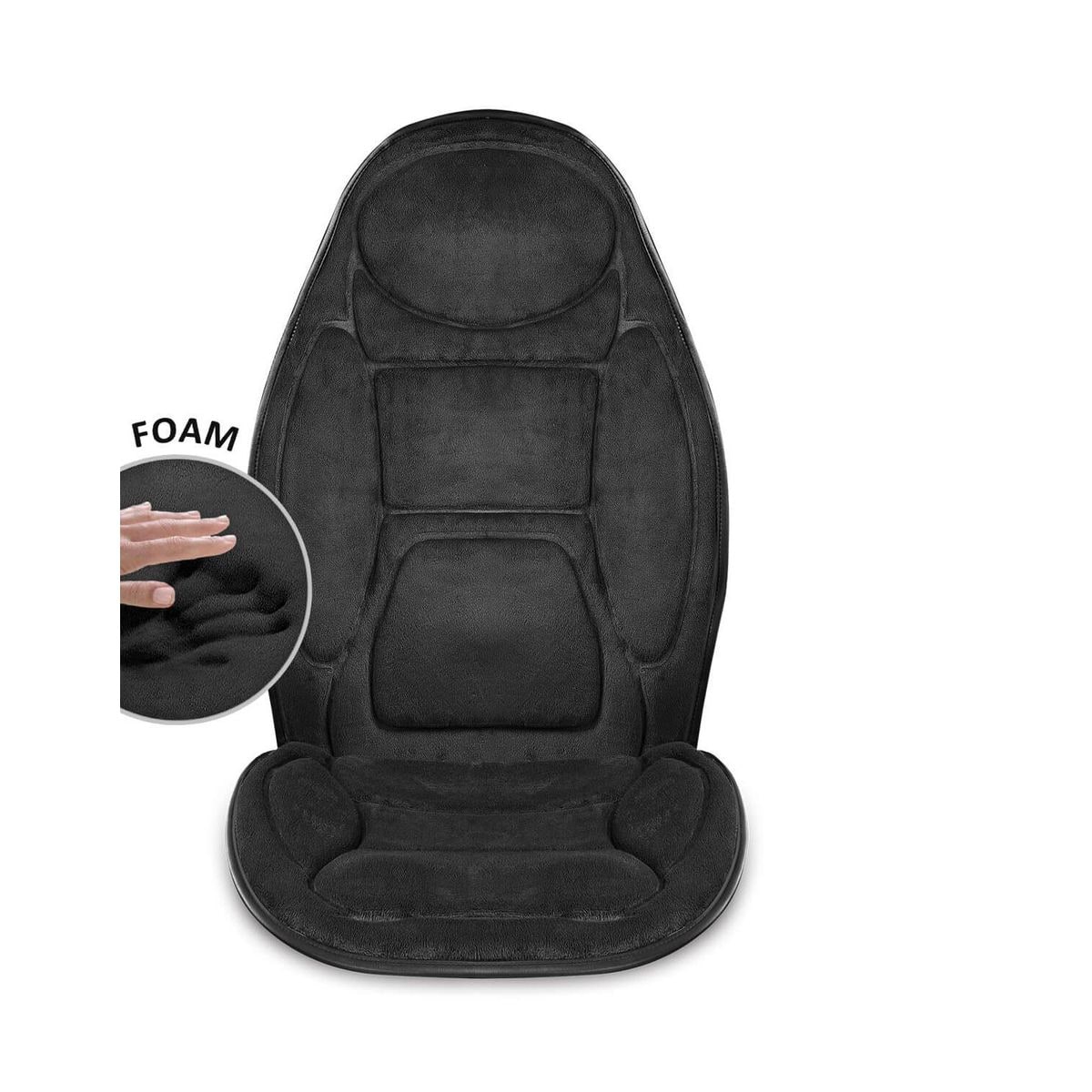 A low-profile black Snailax SL-262M memory foam vibration seat cushion with a small backrest, glowing red heat zones on the back panel, photographed on a white background