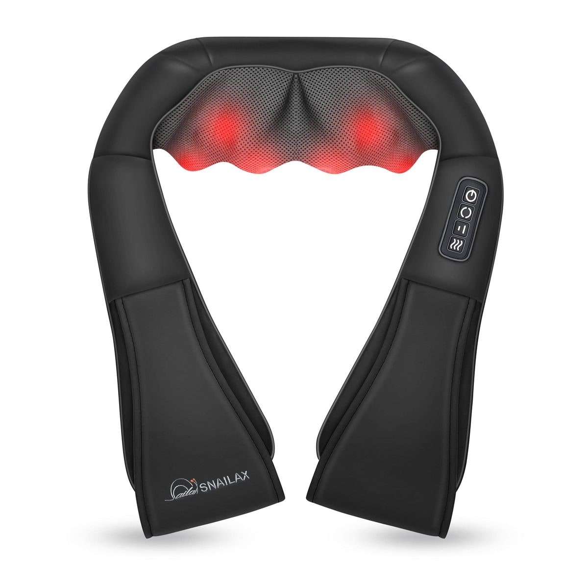 A black U-shaped Snailax SL-632 neck and shoulder massager with two long arm handles, glowing red shiatsu roller heads at the top of the U and three control buttons on the right handle, standing on a white background