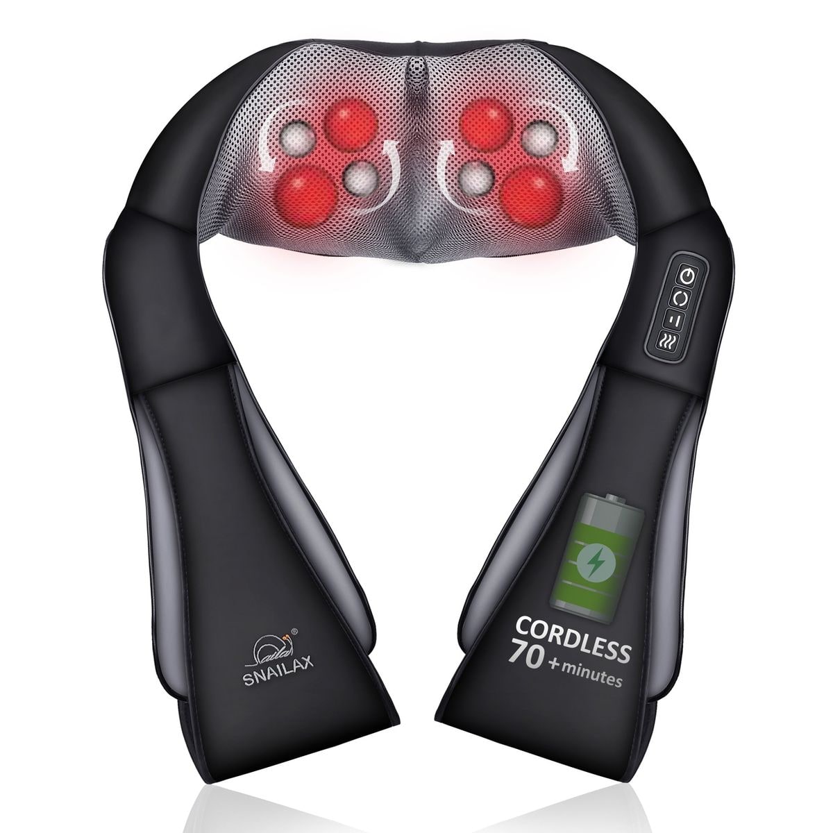 A black U-shaped Snailax SL-632NC cordless neck massager with a glowing red-orange heating band at the neck curve and control buttons on the left handle, standing on a white background
