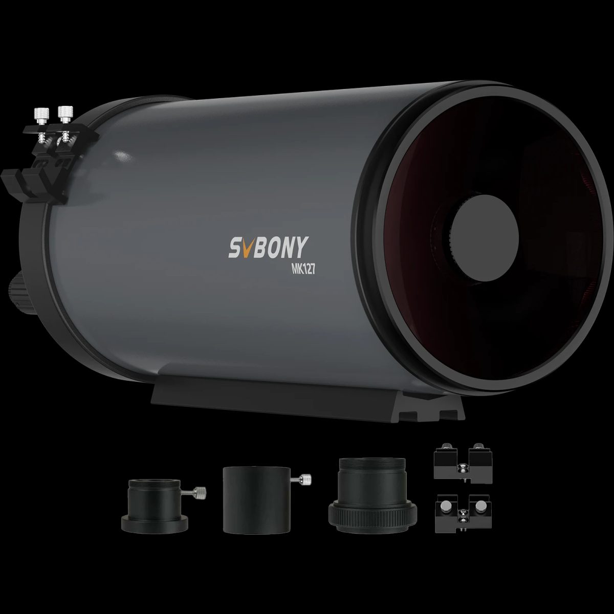 Dark gray SVBONY MK127 Maksutov-Cassegrain tube with its round meniscus corrector facing right on a black studio background; four black adapter rings and mounting accessories are lined up in front of the tube