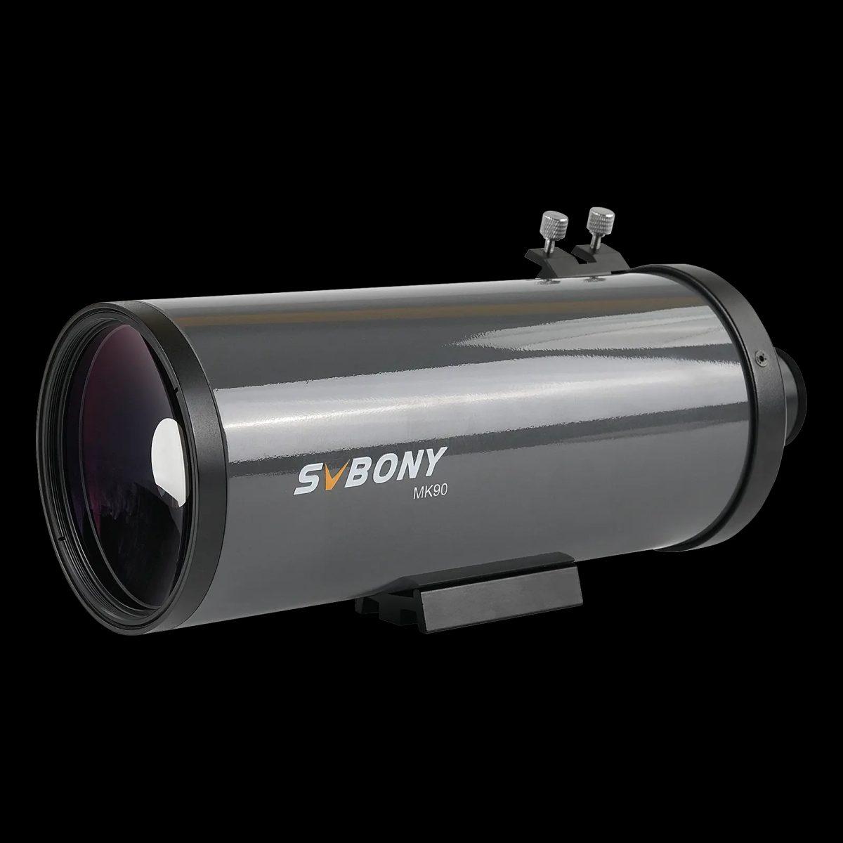 Single dark gray SVBONY MK90 Maksutov-Cassegrain tube on a black studio background, its round meniscus corrector facing left, with no accessories in the frame