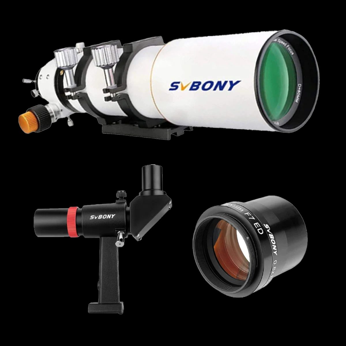 White SVBONY SV503 80ED refractor tube with tube rings and a dovetail plate on a black studio background, a green-tinted objective at one end and an orange focuser knob at the other; a black finder scope on its bracket and a black 0.8x focal reducer marked SVBONY 0.8x FR ED sit below it