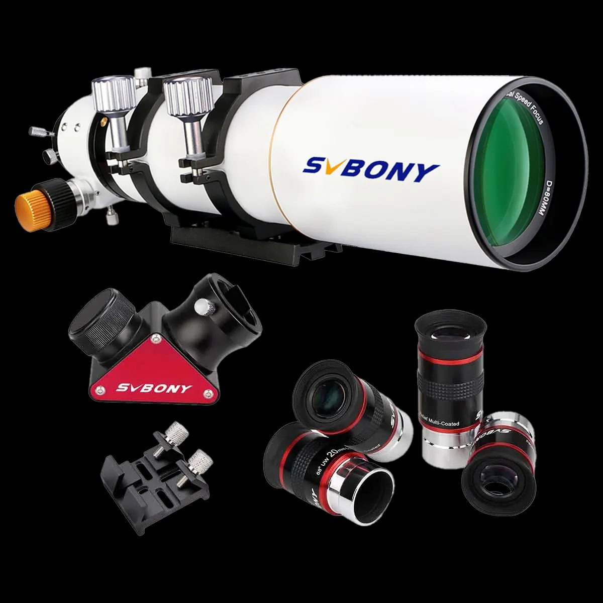 The SVBONY SV503 80ED visual kit laid out on a black studio background: the white refractor tube above, and below it a red SVBONY mirror diagonal, three eyepieces with red accent rings, and a black finder bracket
