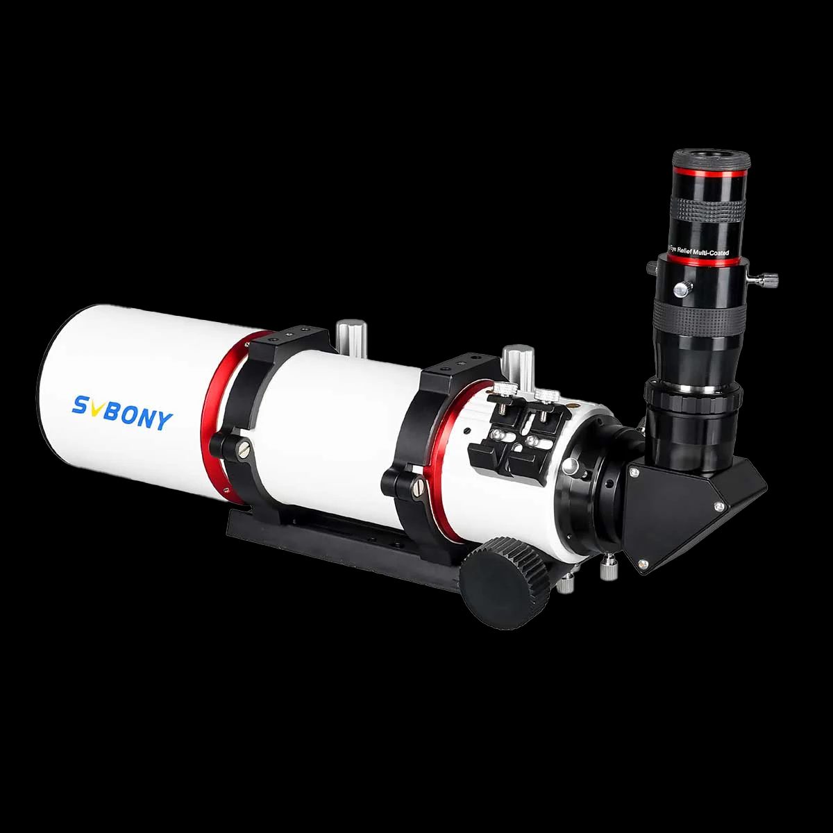 White SVBONY SV550 80mm triplet APO refractor lying horizontally on a black studio background, its white tube held by two red rings with a black dual-speed focuser at the right end carrying a black 90-degree star diagonal with an eyepiece inserted upward, a finder shoe on top and a round focus knob below