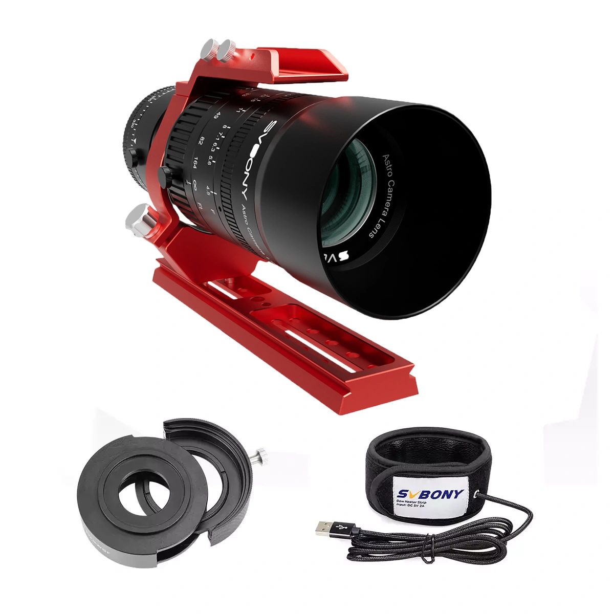 Black SVBONY SV555 astrograph lens with its lens hood attached, lying on a white background across a red mounting bracket; two black T-ring adapters, a coiled USB cable and a black SVBONY dew-heater strap sit in front of it