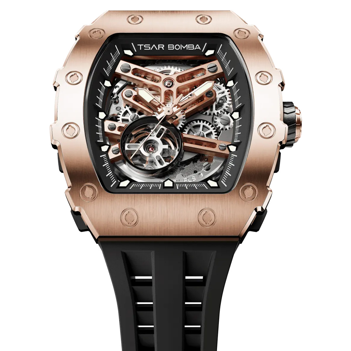 A rose gold-tone TSAR BOMBA TB8208A tonneau watch with an open-worked dial exposing the movement and a black rubber strap, on white