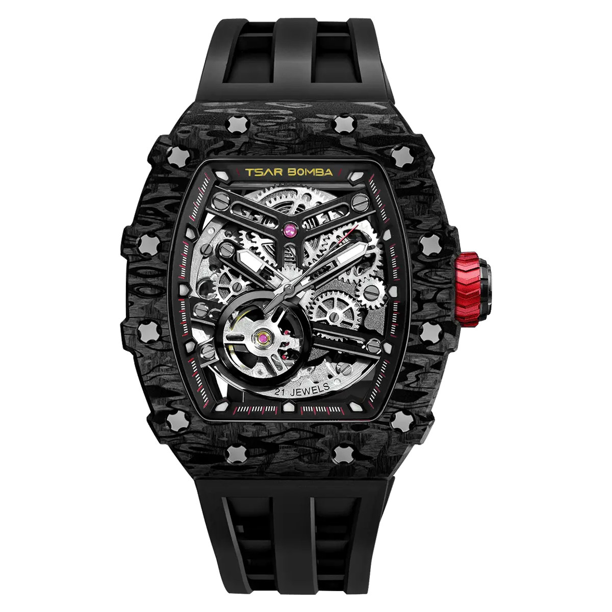 A black TSAR BOMBA TB8208CF tonneau watch with a textured carbon fiber bezel, an exposed gear train, a red crown and a black rubber strap, on white