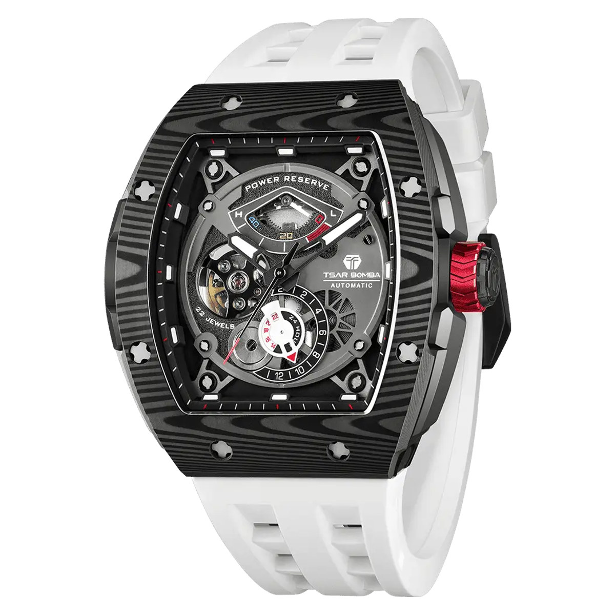 A TSAR BOMBA TB8210CF tonneau watch with a black carbon fiber bezel, white case and white strap, a power reserve arc at the top of the dial and a red crown, on white