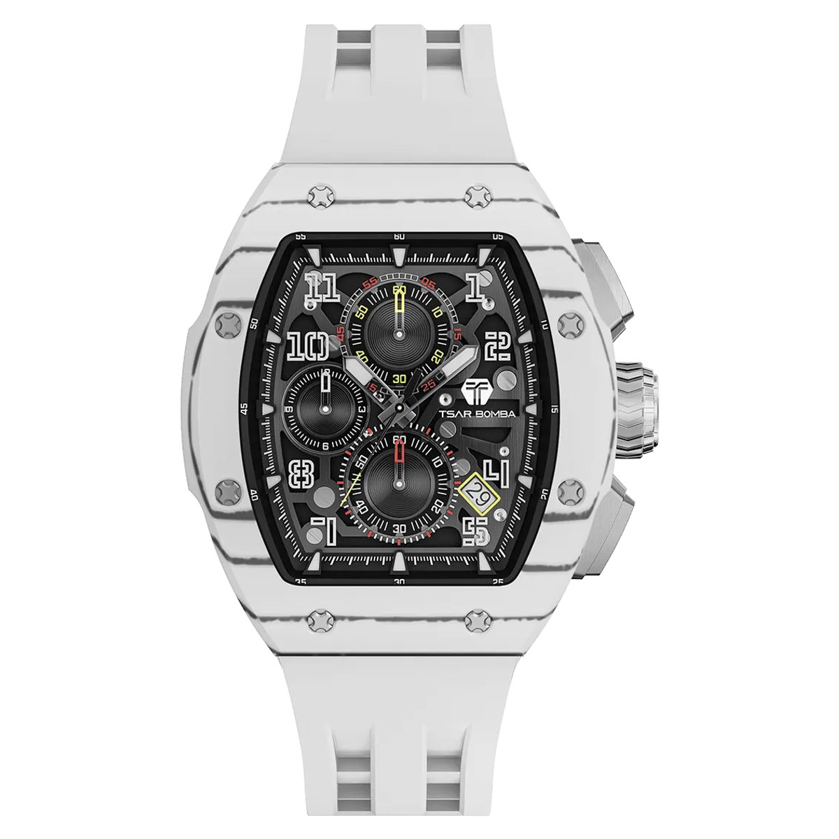 An all-white TSAR BOMBA Atomic TB8214 tonneau watch with a black multifunction dial, three sub-dials, a date window and a red crown, on white
