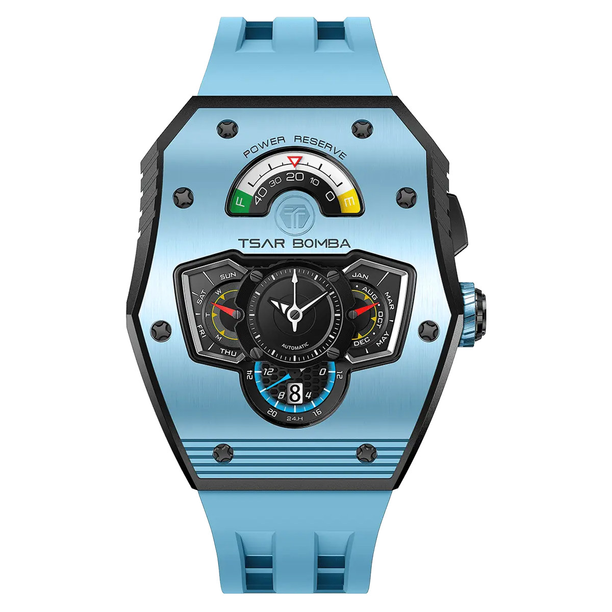 A light blue TSAR BOMBA Parallax watch with a light blue strap, a power reserve arc across the top and a colourful stack of sub-dials below the centre hands, on white