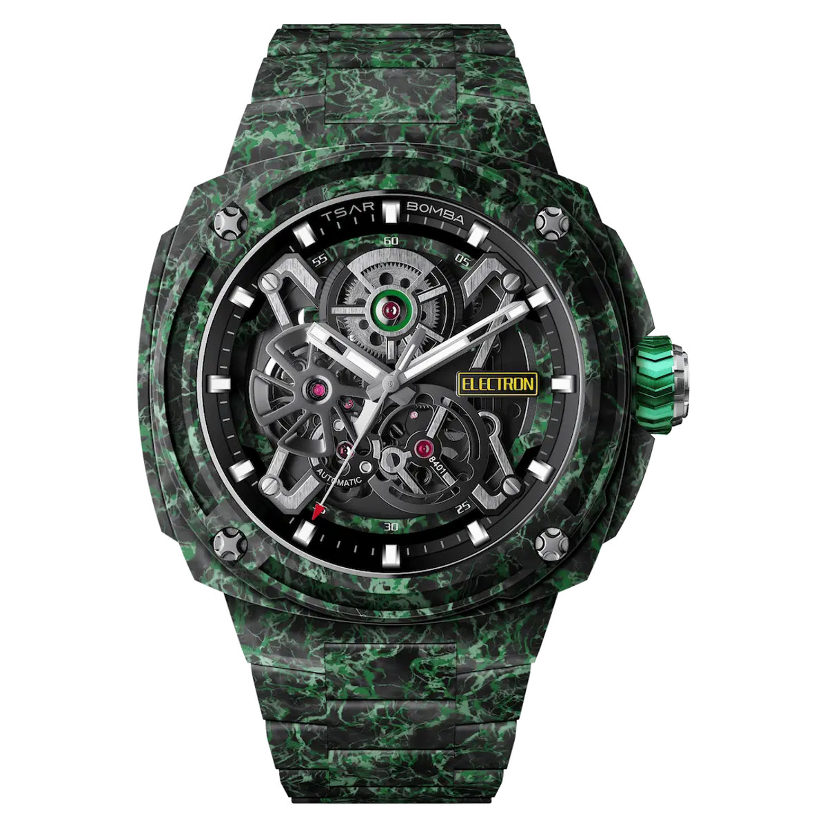 A TSAR BOMBA TB8401CF watch in textured green carbon fiber, case, bezel and strap all carbon fiber, with an open dial and a green crown, on white