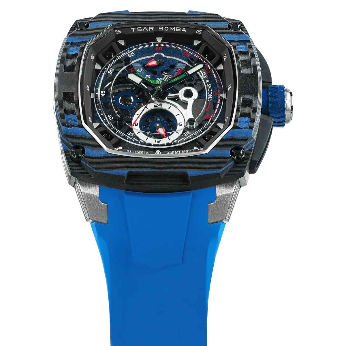 A square TSAR BOMBA Dark Matter 2 watch with blue accents, a blue rubber strap, a power reserve arc at 12 and a 24-hour sub-dial at 6, on white