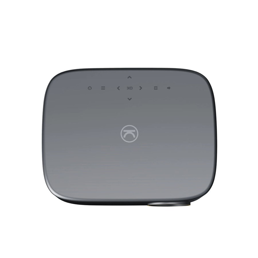 Top-down view of a silver-grey VANKYO projector against a white background; the upper surface shows a row of touch-control icons and a chevron, with a circular VANKYO logo mark centered below them