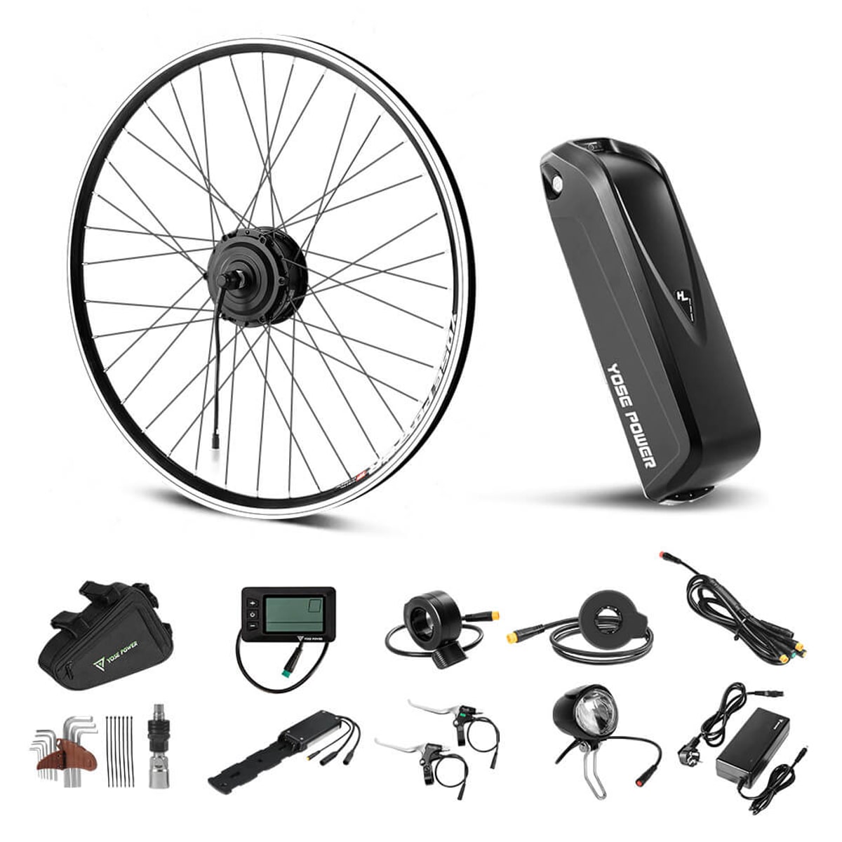 A spoked bicycle wheel with a hub motor at its center standing on a white background beside a black down-tube battery pack, with a controller box, an LCD display, a thumb throttle, brake levers, a coil of cable and a charger laid out in a row below them