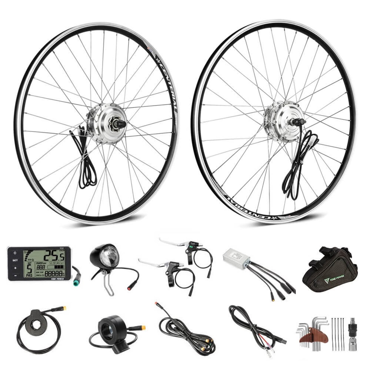 Two spoked bicycle wheels, each with a motor hub, shown side by side on a white background above a row of loose parts including a controller box, a display unit, a thumb throttle, brake levers and a coiled cable bundle