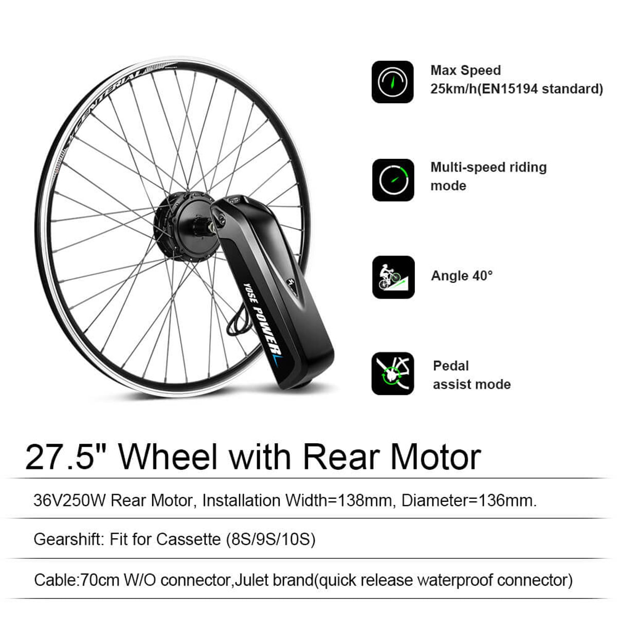 A spoked bicycle wheel with a hub motor at its center on a white background beside a long black down-tube battery pack standing at an angle to its right, with a short black cable looped below the hub