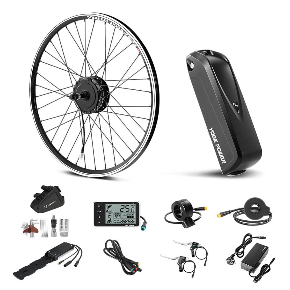 A spoked bicycle wheel with a hub motor at its center on a white background beside a long black down-tube battery pack standing at an angle to its right, with a short black cable looped below the hub